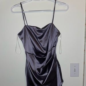 purple silk material body con dress